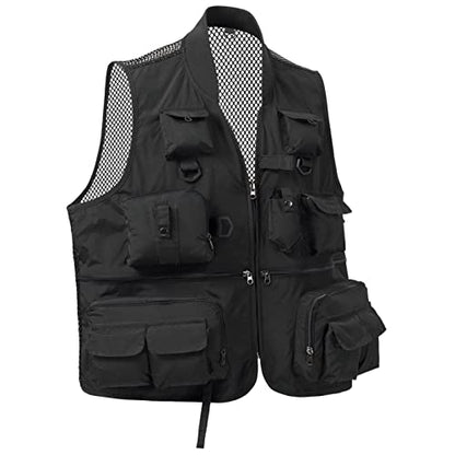 BASSDASH Versatile Men's Women's Fishing Photography Vest with Mesh Back 6 Sizes - color: Black, size: Large