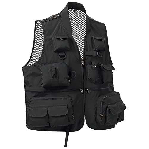 BASSDASH Versatile Men's Women's Fishing Photography Vest with Mesh Back 6 Sizes - color: Black, size: Large