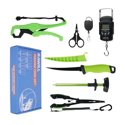 RAWILL Fishing Kit,Filleting Knife,Hook Remover,Fish Grip, Line Cutter,Fishing Scale, Pliers with Lanyards,Not Include Batteries - color: Green