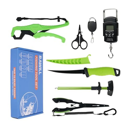 RAWILL Fishing Kit,Filleting Knife,Hook Remover,Fish Grip, Line Cutter,Fishing Scale, Pliers with Lanyards,Not Include Batteries - color: Green
