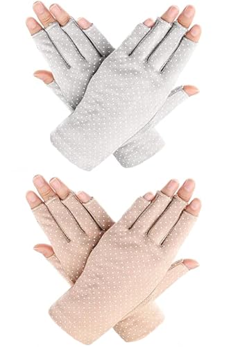Eohak Women Driving Gloves Sun UV Protection Summer Outdoor Hiking UPF 50+ Glove Touchscreen Half-Finger Glove - color: Beige+grey