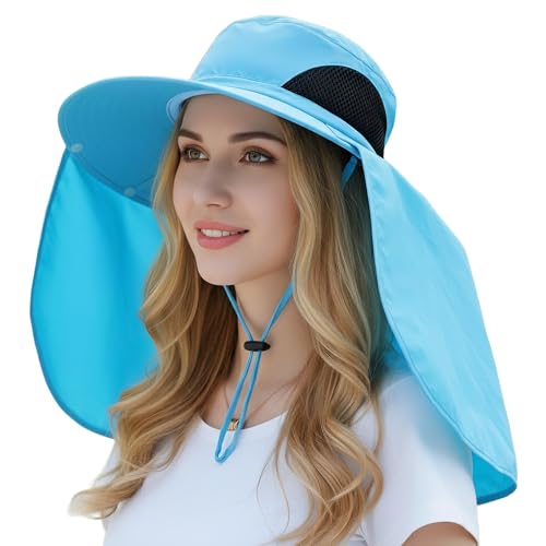 HUAMULAN Women Large Brim Sun Hat with Neck Flap, Men Quick Dry Hiking Fishing Safari Hat UPF 50+ - color: Yq005-blue