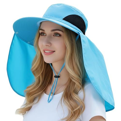 HUAMULAN Women Large Brim Sun Hat with Neck Flap, Men Quick Dry Hiking Fishing Safari Hat UPF 50+ - color: Yq005-blue