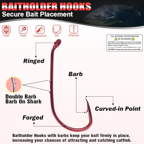 Baitholder Fishing Hooks 100 Pack - Double-Barbed Long Shank for Bluegill Bass Trout Walleye Black/Red, 8/0-#8 - color: 1-Red, size: Size:4 100-Pack