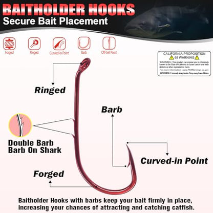 Baitholder Fishing Hooks 100 Pack - Double-Barbed Long Shank for Bluegill Bass Trout Walleye Black/Red, 8/0-#8 - color: 1-Red, size: 4/0 100-Pack