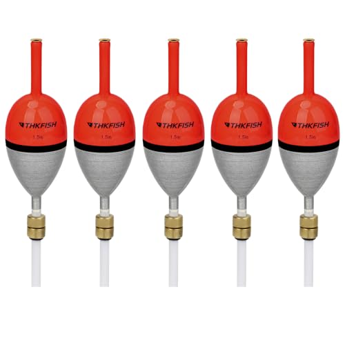 THKFISH Wood Weighted Slip Bobbers for Crappie Walleye Fishing | 5 Pcs Fishing floats Weighted Slip Bobbers with Brass Pendant for Steelhead Bass, Crappie, Walleye, Salmon Fishing - size: 1.5in(L)* 0.82in(W)* 5pcs