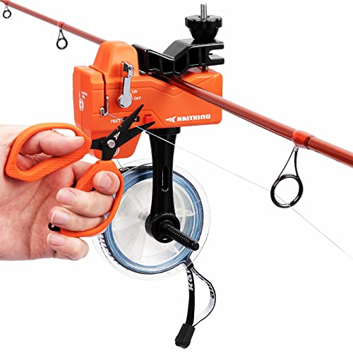 KastKing Kalibrate Fishing Line Spooler & 5’’ Braid Scissors - W/Line Counter, Patented Accessories, Portable, Compact, for Spinning & Casting Reels - No Line Twist, Fishing Gears Gifts for Men - style: Patented Line Spooler & Scissor - Orange