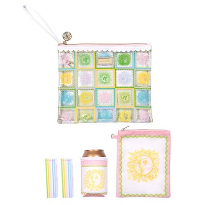 Lilly Pulitzer Water Resistant Vinyl Beach Day Pouch, Zipper Bag Includes Drink Hugger, Small Pouch, and Towel Clips - color: Sun Tiles Home