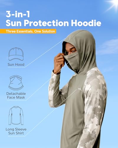 maamgic Men’s UPF 50+ Fishing Shirt Sun Hoodie with Detachable Face Mask, Long Sleeve UV Rash Guard - color: Camouflage Brown, size: Medium