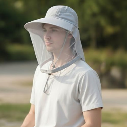 Mosquito Fishing Safari Mesh Net Hat with Neck Flap, Sun Protection Women Men Bug Cap, Hidden Netting Boonie - color: Light Gray