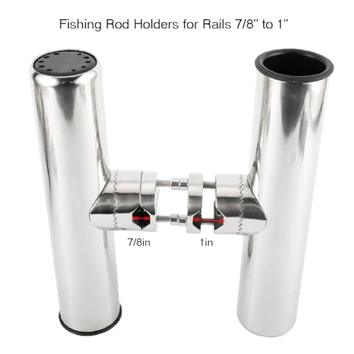 NovelBee 2pcs Stainless Steel Clamp on Fishing Rod Holders with Black Rubber Insert for Rails 7/8" to 1"