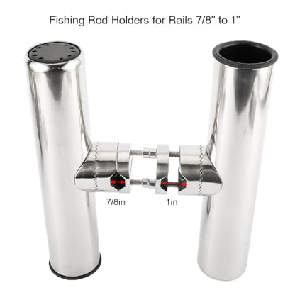 NovelBee 2pcs Stainless Steel Clamp on Fishing Rod Holders with Black Rubber Insert for Rails 7/8" to 1"