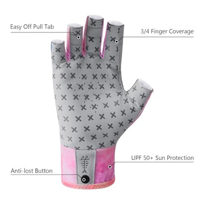 BASSDASH 3/4 Finger UPF 50+ Sun Gloves Breathable Anti-Slip Silicone Palm for Men Women Fishing Fingerless Cycling Running - color: Rosy Clouds, size: Large
