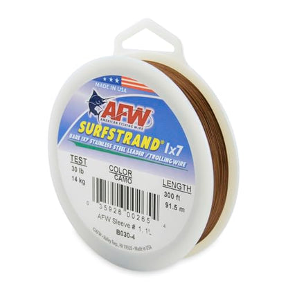 American Fishing Wire Surfstrand Bare 1x7 Stainless Steel Leader Wire - Fishing Leader Line for Saltwater, 20lb Test - 325lb Test in Bright, Camo in 30ft, 300ft, 600ft and 1,000ft Lengths - color: Camo, size: 30 lb / 300 ft