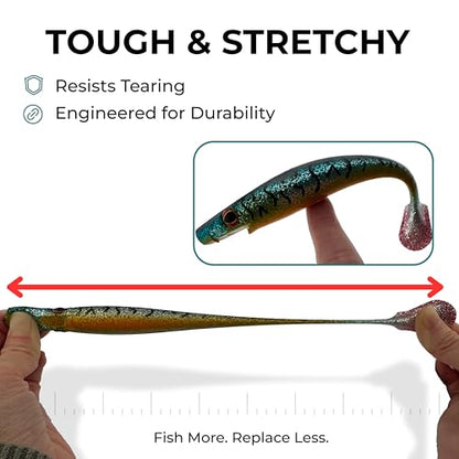 Thump Shad Paddle Tail Swimbait, 6" Soft Lures for Bass, Extra Weight Heavy Kicking Tail for Jig Head & Weighted Swimbait Hook, 3 Pack - color: Blue Shad Firetail