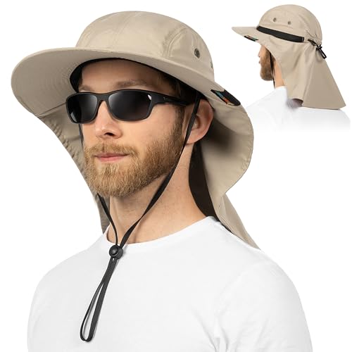 SUN CUBE UPF50+ Sun Hat for Men Women with Neck Flap, Wide Brim UV Protection Fishing Safari Hat for Hiking Beach Gardening - color: Tan