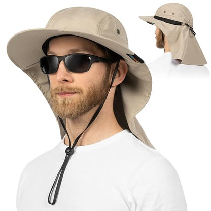 SUN CUBE UPF50+ Sun Hat for Men Women with Neck Flap, Wide Brim UV Protection Fishing Safari Hat for Hiking Beach Gardening - color: Tan