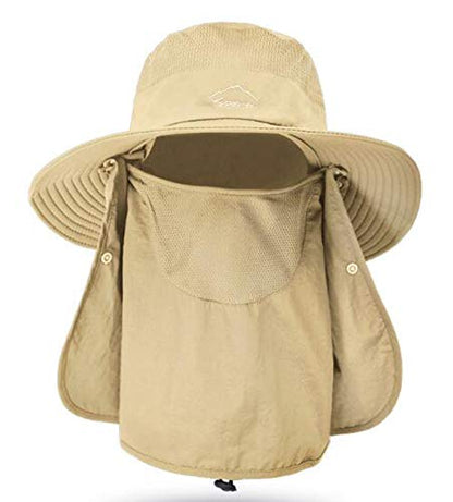 Fishing Hat for Men & Women, Outdoor UV Sun Protection Wide Brim Hat with Face Cover & Neck Flap - color: Khaki