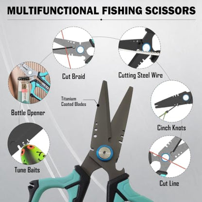Eupheng 6.5" Pro Multifunction Fishing Scissors for Braided Line Mono Fluorocarbon wire lines,Dual Serrated Titanium Blades Non-Slip Grip Fishing Shears Enlarged Finger Holes with Bottle Opener - style: 6.5in Blue Scissors