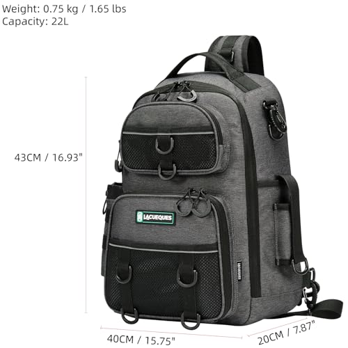 22L Wading Fishing Tackle Sling Bag, Holds 3x 3700 Boxes, Grey | Hands Free Lure Casting, Large Crossbody Shoulder Backpack with Rod Holder, Water Bottle Holder, 12 Heavy Duty D Rings - color: Grey