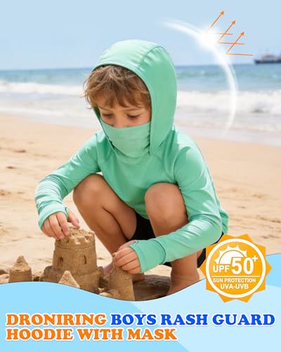 Boys Hooded Fishing Shirt with Mask, Kids UPF 50+ Long Sleeve Rash Guard Hoodie, Sun Protection Beach Swim Shirts - color: Green, size: X-Small