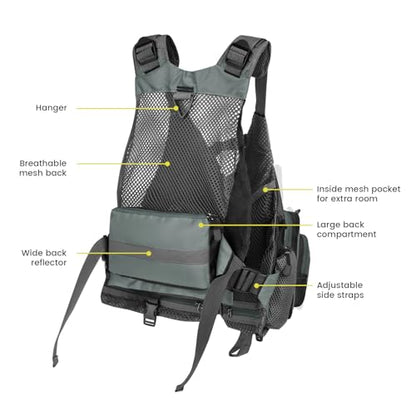 Gonex Fly Fishing Vest for Men Women, Comfortable Adjustable Fishing Vest with Multi-Pockets Reflective Stripes - color: Gray+black