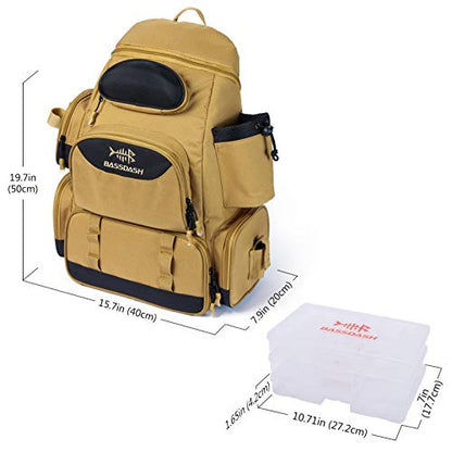 BASSDASH Fishing Tackle Backpack Water Resistant Tactical Bag Soft Tackle Box with Rod Holder and Protective Rain Cover - color: British Khaki Backpack [3600] With 3 Trays
