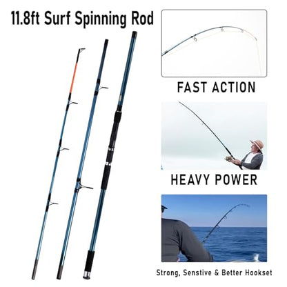 Dr.Fish Surf Fishing Rod and Reel Combos Saltwater Fishing Gear Set 12ft Surf Rod 10000 Reel Offshore Inshore Casting Pole Beach Casting Spinning Pole Kit Equipment Set Striper Pompano Flounder - color: Blue Fishing Rod