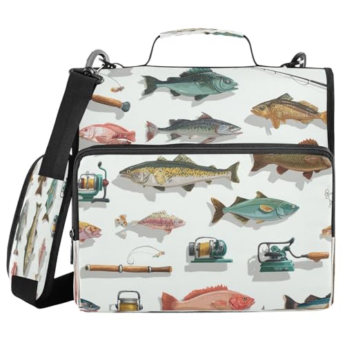 Fish Sea Rods Vintage Lure 3 Ring Zipper Binder with Strap 1.5 inch 500 Sheet Capacity File Folder Storage Organizer