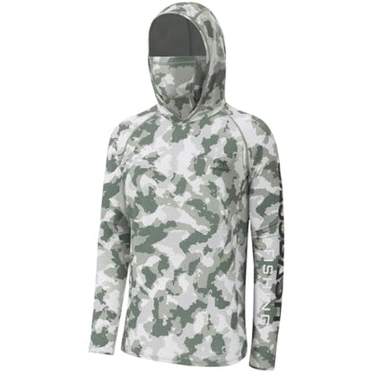 BASSDASH Men’s UPF 50+ Hooded Breathable Camo Shirts with Face Mask Lightweight Neck Gaiter Fishing Hiking Hoodie Shirt FS51M - color: Ash Green Camo, size: Medium