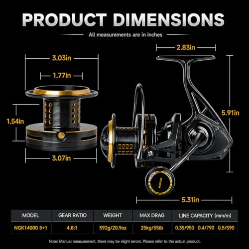 Saltwater Spinning Reel 14000, 44Lbs Max Drag Surf Fishing Reel with Screw-in Handle, Slow Oscillation System for Bass Catfish Inshore Offshore Saltwater Freshwater - color: NGK14000