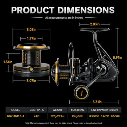 Saltwater Spinning Reel 14000, 44Lbs Max Drag Surf Fishing Reel with Screw-in Handle, Slow Oscillation System for Bass Catfish Inshore Offshore Saltwater Freshwater - color: NGK14000