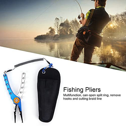 Fishing Pliers Saltwater, Split Pliers Hook Remover, with Safety Lock, Split Pliers Tools, with Sheath and Lanyard, Aluminum Alloy Multi Function Fish Tools - color: Blue Silver