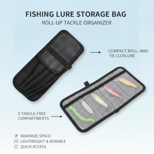 Boat Deck & Tackle Box Lure Organizer, Roll-Up Soft Storage Bag with 5 Compartments for Jigs and Baits, Black Polyester Case