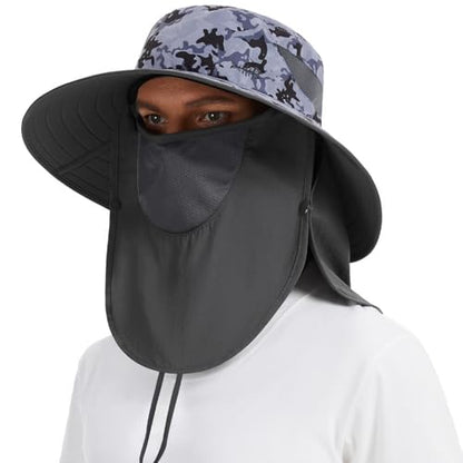 BASSDASH UPF 50+ Breathable Sun Hat with Removable Face Cover and Neck Flap Wide Brim Bucket Hat for Fishing Hiking Men Women - color: Storm Camo/Dark Grey