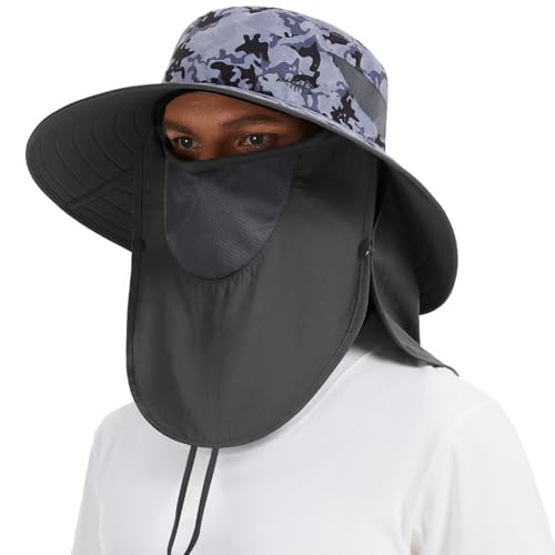 BASSDASH UPF 50+ Breathable Sun Hat with Removable Face Cover and Neck Flap Wide Brim Bucket Hat for Fishing Hiking Men Women - color: Storm Camo/Dark Grey