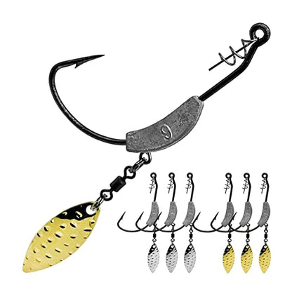 Weighted Swimbait Hooks, 6pcs Underspin Swimbait Hook with Twistlock, Weighted Crank Hooks with Gold/Silver Spinner Blades for Soft Fishing Lures - color: E(4/0#, 1/3oz, 6-pack)