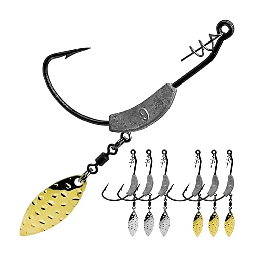 Weighted Swimbait Hooks, 6pcs Underspin Swimbait Hook with Twistlock, Weighted Crank Hooks with Gold/Silver Spinner Blades for Soft Fishing Lures - color: E(4/0#, 1/3oz, 6-pack)