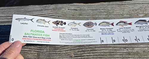 36” x 2” Vinyl Adhesive Ruler Decal Showing 20 Common Florida Saltwater Fish in True-to-Life Color Photographs and Their Current FWC Rules with Highlighted Slot Limit Brackets. UV Protected.
