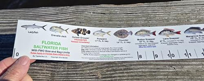 36” x 2” Vinyl Adhesive Ruler Decal Showing 20 Common Florida Saltwater Fish in True-to-Life Color Photographs and Their Current FWC Rules with Highlighted Slot Limit Brackets. UV Protected.
