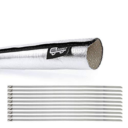 Wire Heat Shield Sleeve Aluminized Heat Shroud Heat Sleeving Fuel Line 2.2" I.D. X 3Ft With 10 Pcs Stainless Steel Cable Metal Zip Ties - size: 2.2"I.D.x 3.3FT