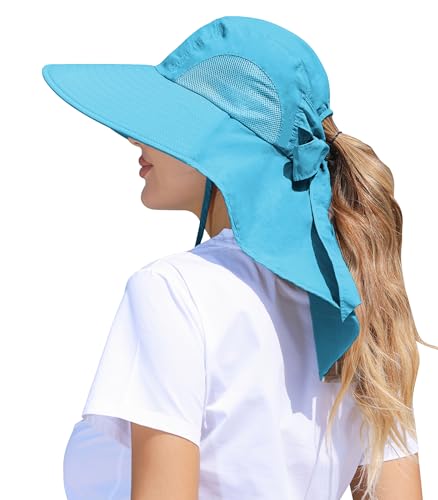 Womens Sun Hat Outdoor UV Protection Wide Brim Fishing Hat with Ponytail Hole Neck Flap for Beach Hiking Camping - color: Sky Blue