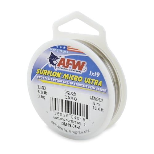 American Fishing Wire Surflon Micro Ultra Nylon Coated 1x19 Stainless Steel Leader Wire - Knottable Fishing Leaders Saltwater & Fly Fishing, 6lb Test - 61lb Test, Bright, Black & Camo Colors - color: Camo, style: 5 Meter, 6 Pound Test