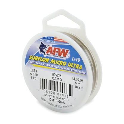 American Fishing Wire Surflon Micro Ultra Nylon Coated 1x19 Stainless Steel Leader Wire - Knottable Fishing Leaders Saltwater & Fly Fishing, 6lb Test - 61lb Test, Bright, Black & Camo Colors - color: Camo, style: 5 Meter, 6 Pound Test