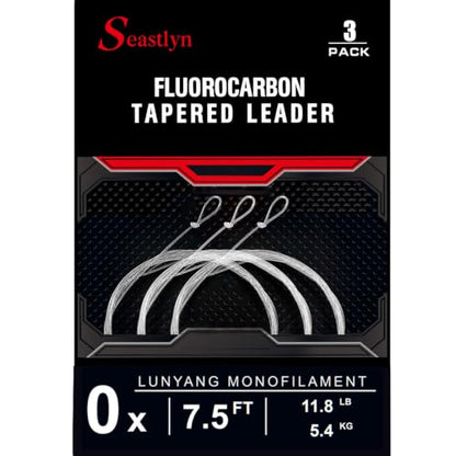 3-Pack Fluorocarbon Fishing Line Pre-Tied Loop Fly Fishing Tapered Leader 7.5FT 9FT 12FT 0X 1X 2X 3X 4X 5X 6X 7X 8-26LB - size: 7.5FT-0X