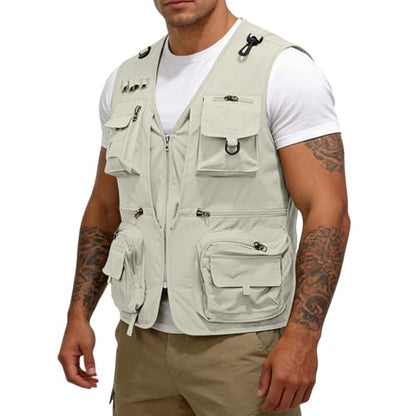 Men's Fishing Vest Casual Utility Lightweight Cargo Vest with Multi Pockets Outdoor Safari Photo Travel Jacket Vest - color: Y004- Beige, size: X-Large