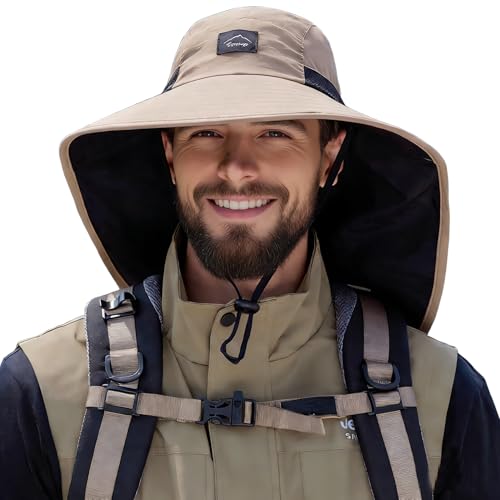 HUAMULAN Men Summer Sun Hat Women Safari Wide Brim Fishing Hats UV Protection Neck Flap Bucket Gardening Hiking Hunting Cap - color: Khaki With Black Mesh
