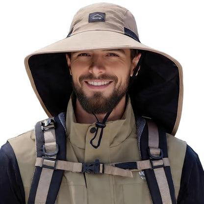 HUAMULAN Men Summer Sun Hat Women Safari Wide Brim Fishing Hats UV Protection Neck Flap Bucket Gardening Hiking Hunting Cap - color: Khaki With Black Mesh
