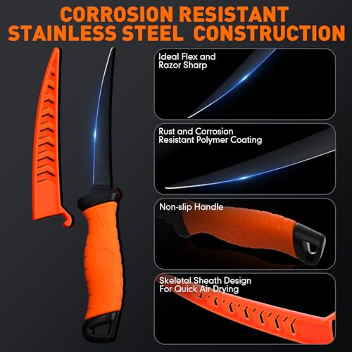 RoundFunny 14 Pcs Fishing Tool Kit, Fillet Knife, Fishing Pliers with Lanyard, Digital Scale, Lip Gripper, Hook Remover Fish Scaler Braid Scissors Gloves Sharpening Rod Retractor Towel Bag - color: Orange, style: B