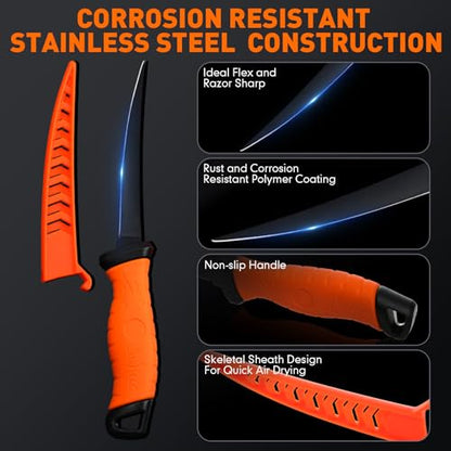 RoundFunny 14 Pcs Fishing Tool Kit, Fillet Knife, Fishing Pliers with Lanyard, Digital Scale, Lip Gripper, Hook Remover Fish Scaler Braid Scissors Gloves Sharpening Rod Retractor Towel Bag - color: Orange, style: B